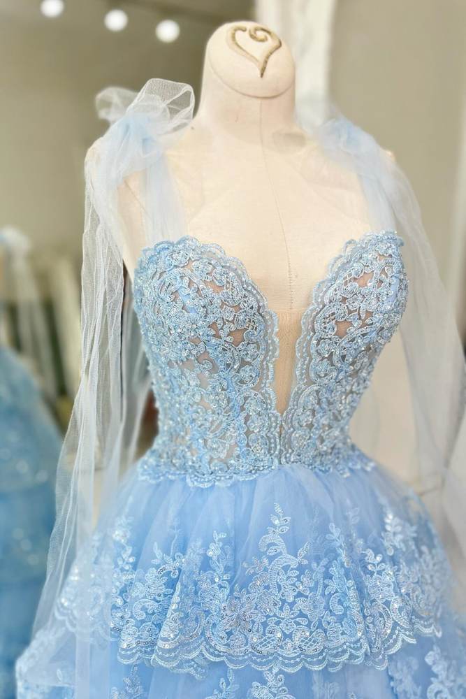 Sky Blue Tiered V-Neck Long Prom Dresses A-Line Tulle Lace with Appliques