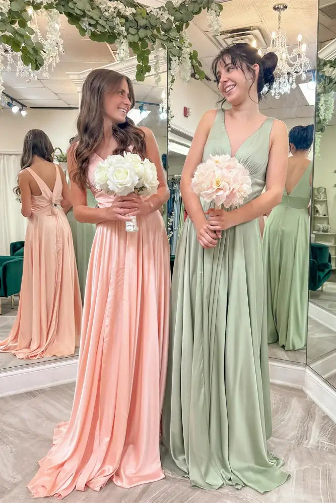 Pearl Pink V-Neck Sleeveless A-Line Satin Bridesmaid Dresses