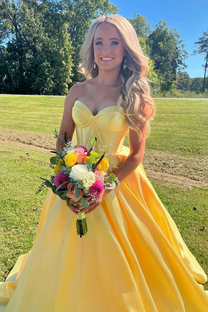 Yellow Sweetheart Strapless Long A-Line Prom Dresses