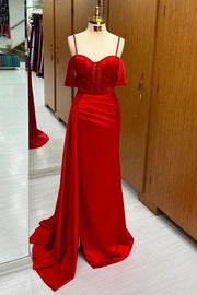 Charming Mermaid Off-The-Shoulder Spaghetti Straps Satin Prom Dresses with Train