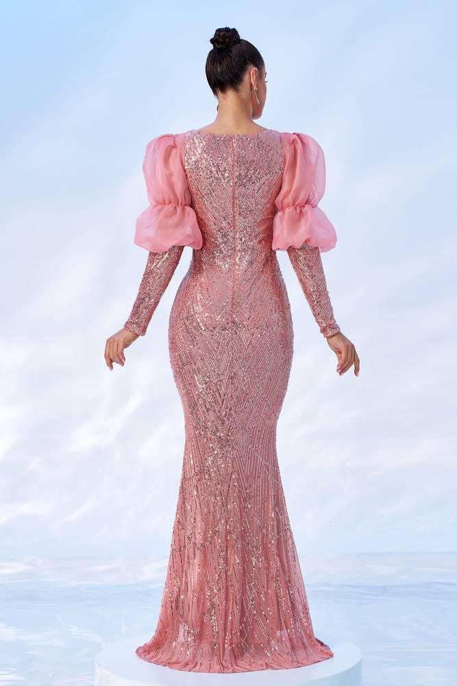 Pink Sequined Jewel Neck Mermaid Tulle Evening Dresses with Long Sleeves