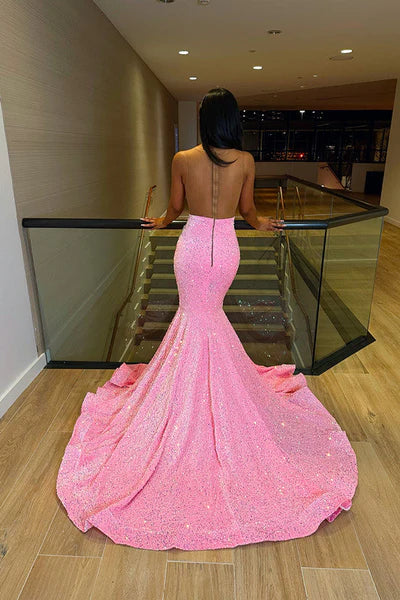 Pink Sequined Mermaid V-Neck Sleeveless Prom Dresses with Rhinestones