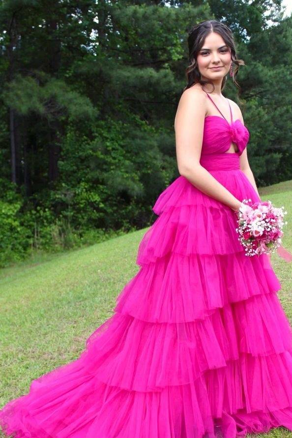 Fuchsia Tiered Sleeveless A-Line Tulle Wedding Dresses with Court Train