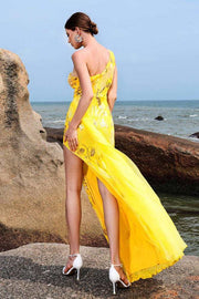 Yellow One-Shoulder Mermaid Sequin Prom Dresses with Slit