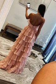 Pearl Pink Sweep Train Halter Chiffon A-Line Prom Dresses with Ruffles