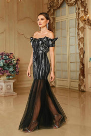 Black Floor-Length Off-The-Shoulder Sequin Tulle Prom Dresses