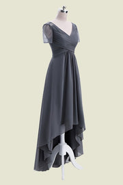 Grey Short Sleeves V-Neck Hi-Lo A-Line Chiffon Bridesmaid Dresses