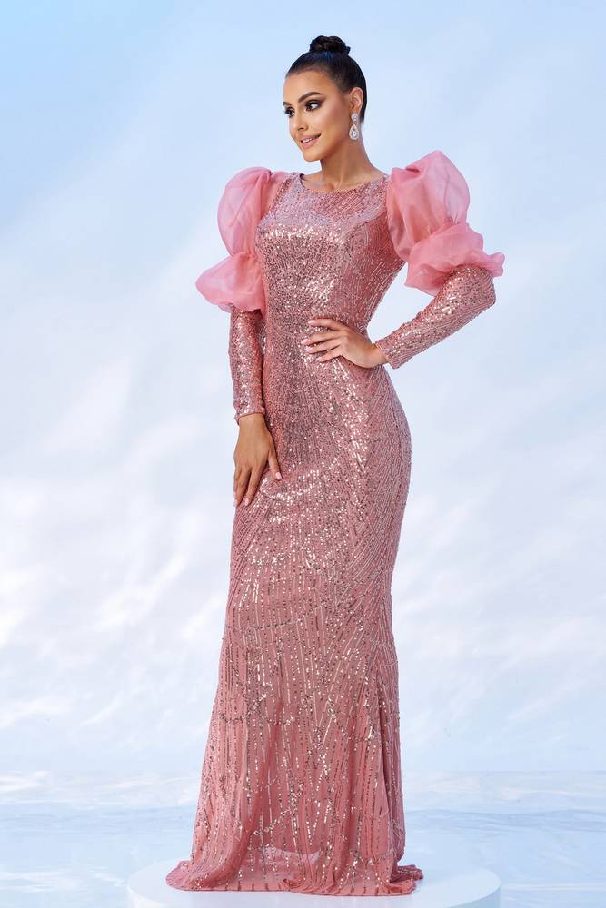 Pink Sequined Jewel Neck Mermaid Tulle Evening Dresses with Long Sleeves