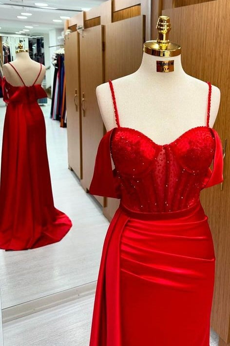 Charming Mermaid Off-The-Shoulder Spaghetti Straps Satin Prom Dresses with Train