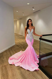 Pink Sequined Mermaid V-Neck Sleeveless Prom Dresses with Rhinestones