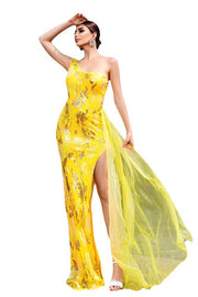 Yellow One-Shoulder Mermaid Sequin Prom Dresses with Slit