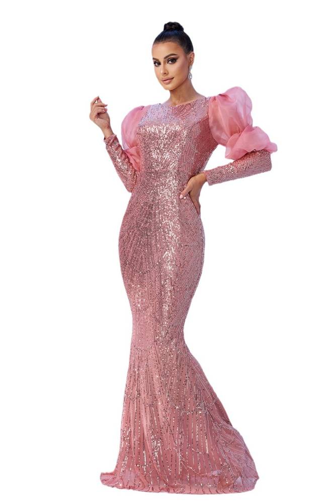 Pink Sequined Jewel Neck Mermaid Tulle Evening Dresses with Long Sleeves