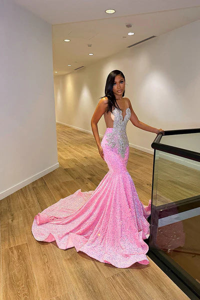 Pink Sequined Mermaid V-Neck Sleeveless Prom Dresses with Rhinestones