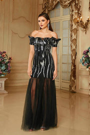 Black Floor-Length Off-The-Shoulder Sequin Tulle Prom Dresses