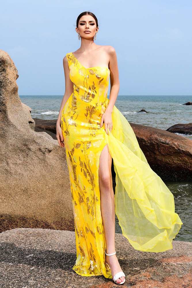 Yellow One-Shoulder Mermaid Sequin Prom Dresses with Slit