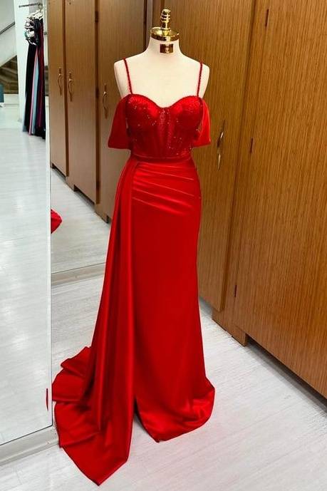 Charming Mermaid Off-The-Shoulder Spaghetti Straps Satin Prom Dresses with Train