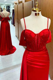 Charming Mermaid Off-The-Shoulder Spaghetti Straps Satin Prom Dresses with Train