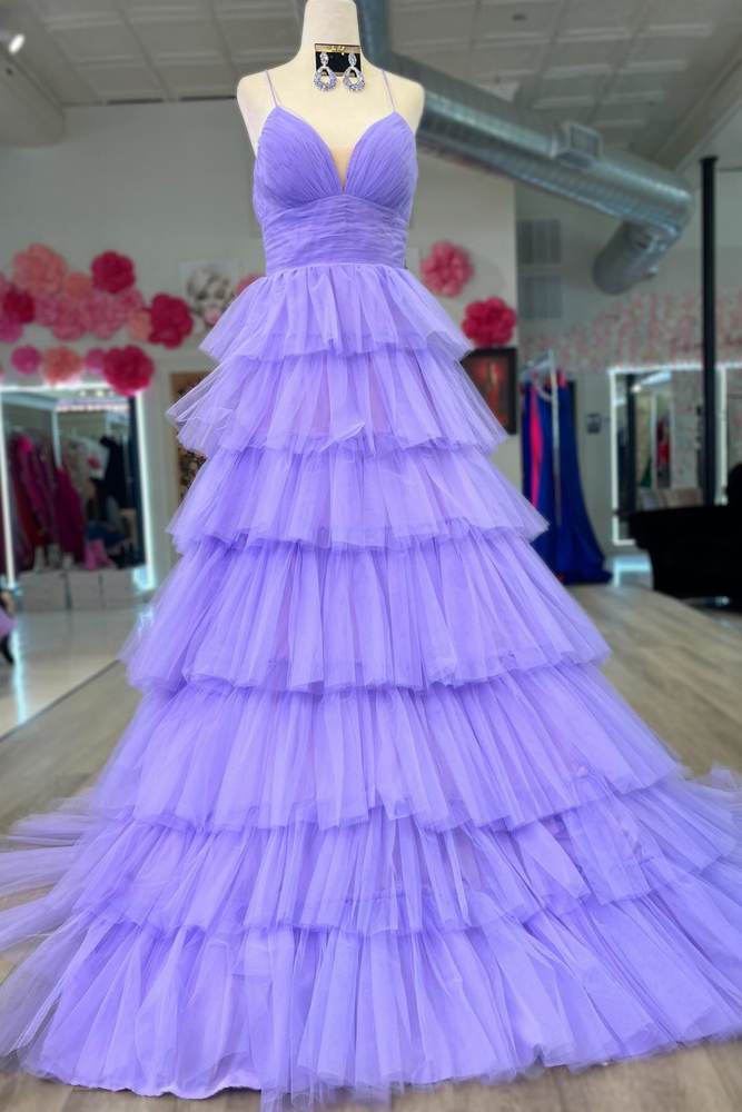 Lavender Long Tiered A-Line V-Neck Spaghetti Straps Tulle Prom Dresses