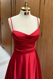 Stunning Sweep Train Spaghetti Straps Sleeveless A-Line Satin Prom Dresses