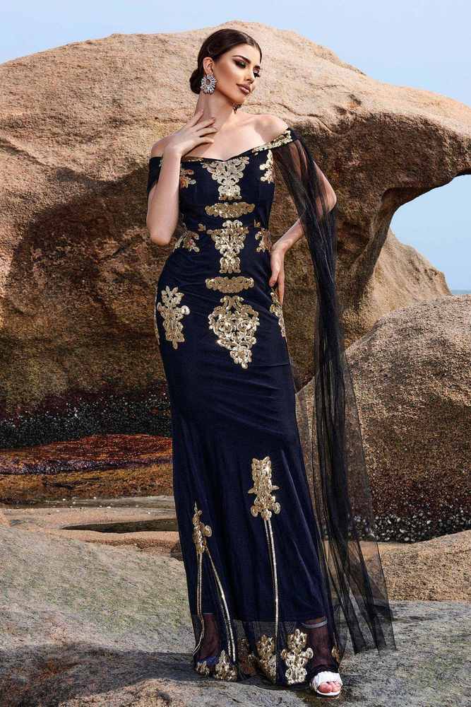 Dark Navy Off-The-Shoulder Mermaid Sequin Prom Dresses with Watteau Train