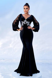 Black V-Neck Mermaid Velvet Evening Dresses with Long Sleeves