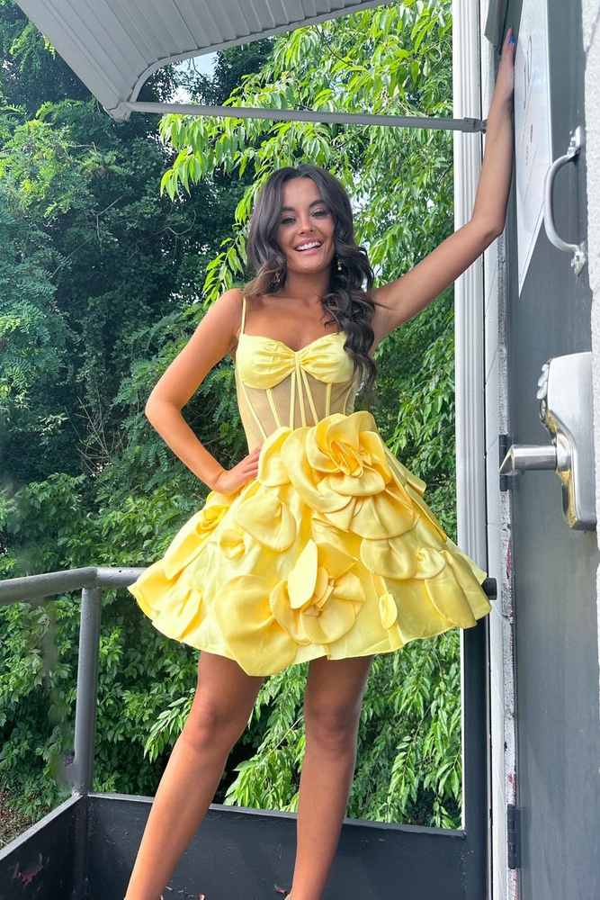 Beautiful Yellow Spaghetti Straps A-Line Short Satin Homecoming Dress with Flowers