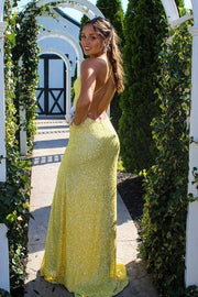 Daffodil V-Neck Sequined Column Prom Dresses with Slit