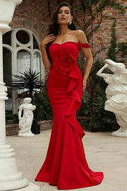 Red Off-The-Shoulder Mermaid Sain Evening Dresses with Handmade Flower