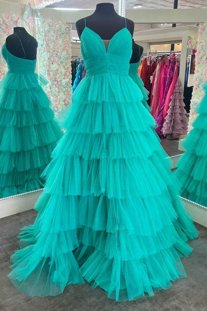 Long Tiered A-Line V-Neck Spaghetti Straps Tulle Prom Dresses