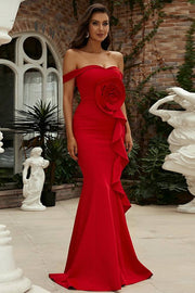 Red Off-The-Shoulder Mermaid Satin Evening Dresses with Handmade Flower