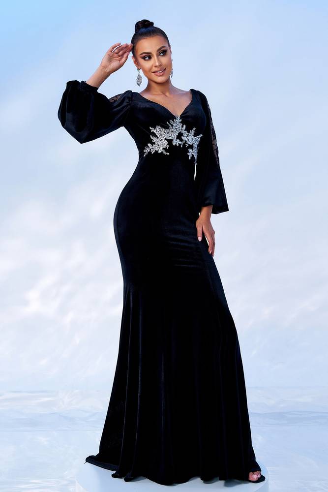 Black V-Neck Mermaid Velvet Evening Dresses with Long Sleeves