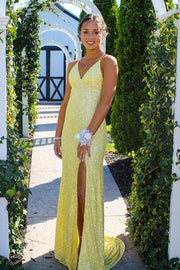 Daffodil V-Neck Sequined Column Prom Dresses with Slit