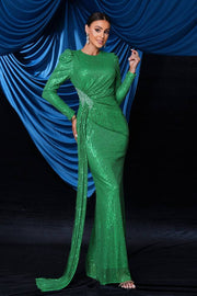 Emerald Mermaid Sequin Long Sleeves Prom Dresses