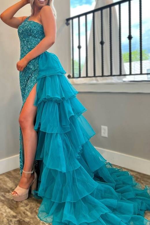 Jade One-Shoulder Sleeveless Mermaid Lace Tulle Prom Dresses with Slit