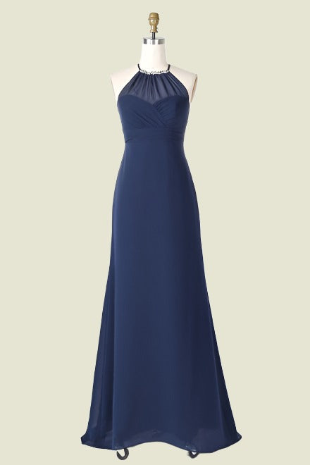 Dark Navy Sleeveless Halter Sheath Chiffon Bridesmaid Dresses