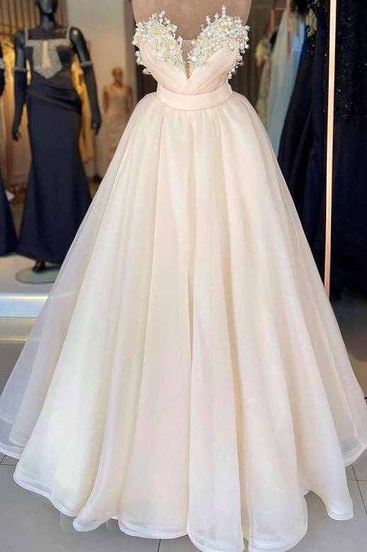 Trendy Floor-Length V-Neck Strapless Sleeveless Ball Gown Tulle Wedding Dresses with Beads