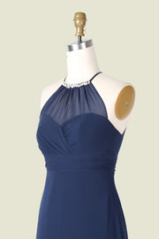 Dark Navy Sleeveless Halter Sheath Chiffon Bridesmaid Dresses