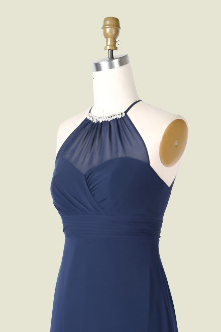 Dark Navy Sleeveless Halter Sheath Chiffon Bridesmaid Dresses