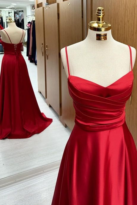 Stunning Sweep Train Spaghetti Straps Sleeveless A-Line Satin Prom Dresses