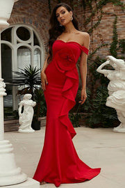 Red Off-The-Shoulder Mermaid Satin Evening Dresses with Handmade Flower