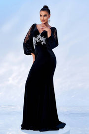 Black V-Neck Mermaid Velvet Evening Dresses with Long Sleeves