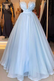 Floor-Length V-Neck Strapless Ball Gown Tulle Prom Dresses with Beads