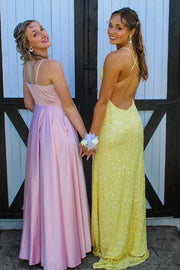 Daffodil V-Neck Sequined Column Prom Dresses with Slit