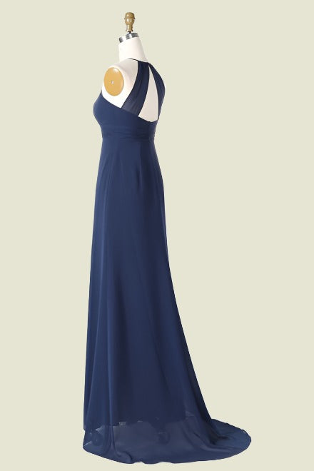 Dark Navy Sleeveless Halter Sheath Chiffon Bridesmaid Dresses