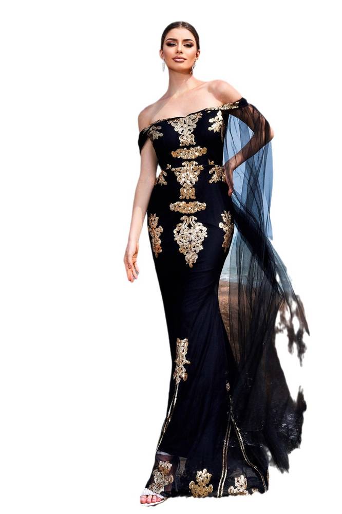 Dark Navy Off-The-Shoulder Mermaid Sequin Prom Dresses with Watteau Train