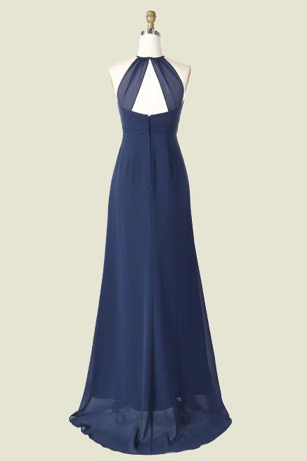 Dark Navy Sleeveless Halter Sheath Chiffon Bridesmaid Dresses