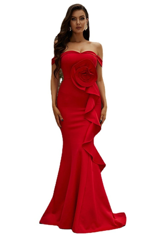 Red Off-The-Shoulder Mermaid Satin Evening Dresses with Handmade Flower