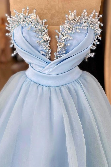 Floor-Length V-Neck Strapless Ball Gown Tulle Prom Dresses with Beads