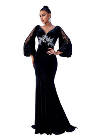 Black V-Neck Mermaid Velvet Evening Dresses with Long Sleeves