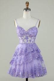 Lavender Tiered A-Line Short Homecoming Dresses with Appliques